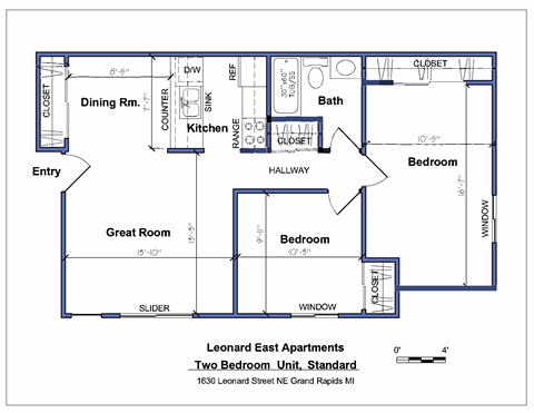 A floor plan of the Leonard East Apartments two bedroom unit.